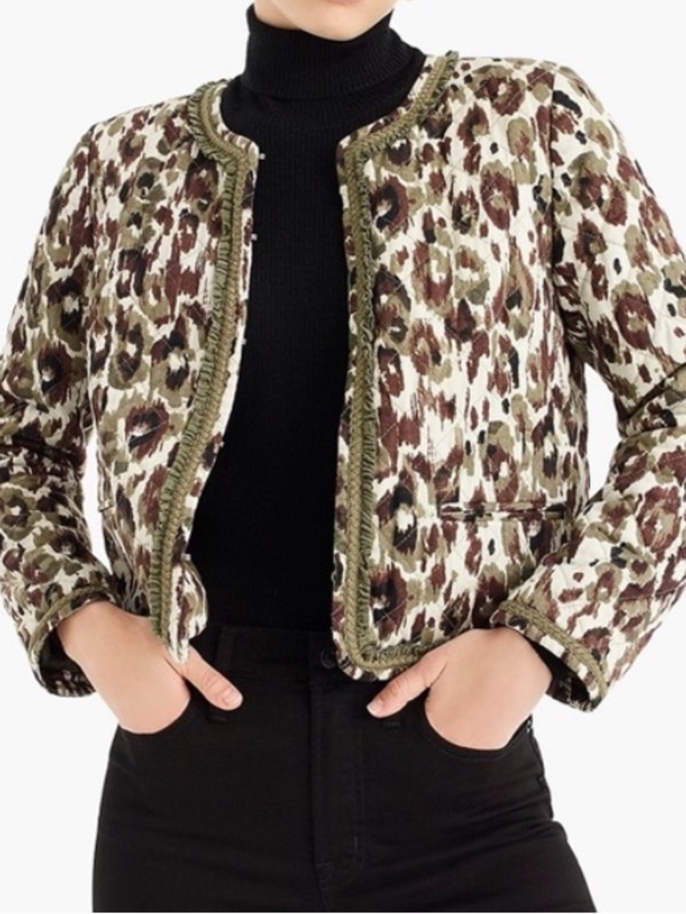 J.Crew Quilted Lady Jacket in Cheetah Leopard Print with Green Trim L Excellent